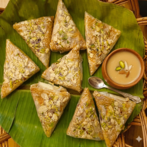 samosa (triangle) jaggery kova dry fruits putharekulu